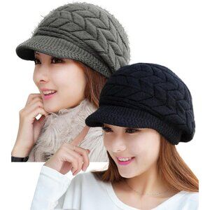 👑Women’s _2hats(black+dark Grey) Winter Warm Knit Wool Snow Ski Hat with Visor